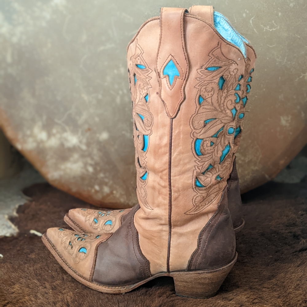 CORRAL C1620 laser tooled tan & turquoise snip toe cowgirl western boots sz 9.5 - Picture 4 of 16